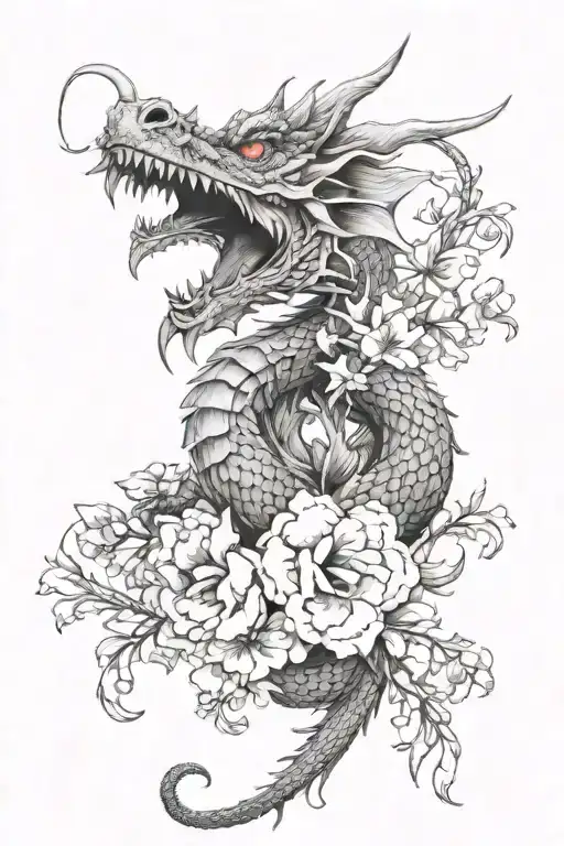 Dragon Intertwined With Snapdragon Flowers Blooming