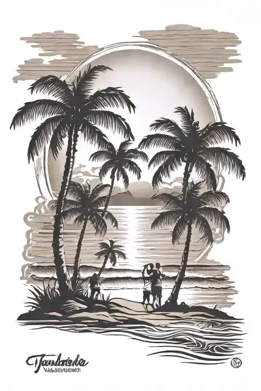 Family Silhouette Beach Scene With Palm Trees