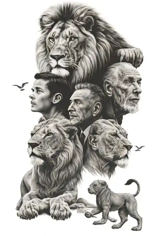 2 Lion-kids With Their Father Looking Up In The Sky And See Their Grandfathers