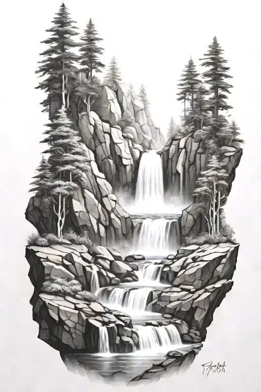 Microrealism Double Waterfall That Gets Wider Over The Lower Set Of Rocks Surrounded By Forest