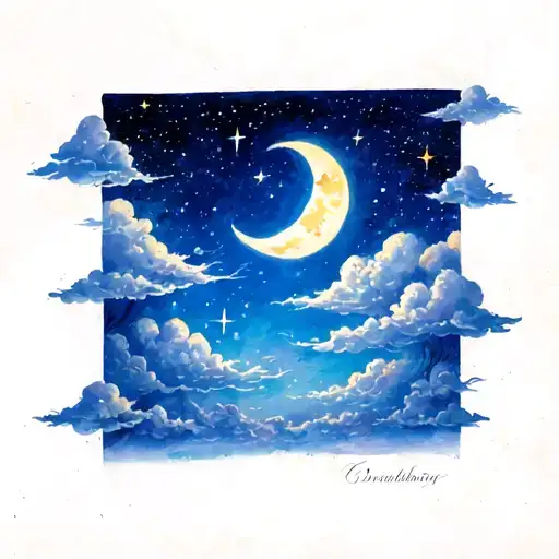 Blue Sky With Stars And Clouds And A Moon