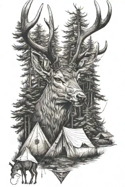 Deer With Antlers And Tent