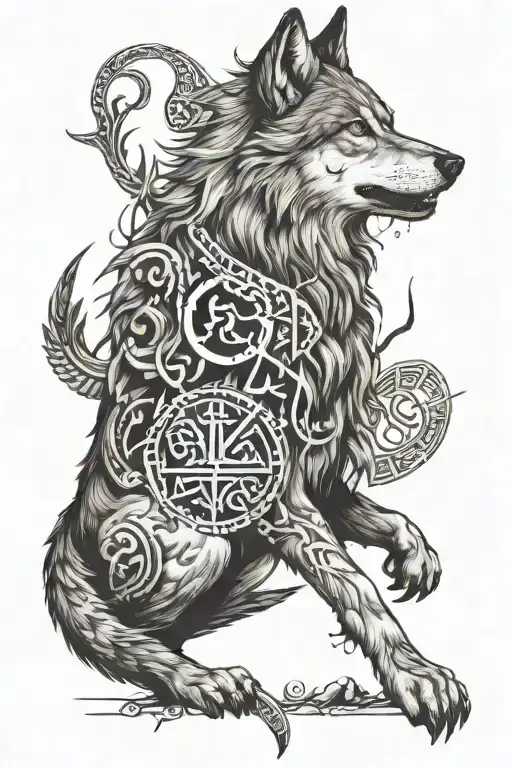 Legendary Wolf With Nordic Runes And Unknown Symbols