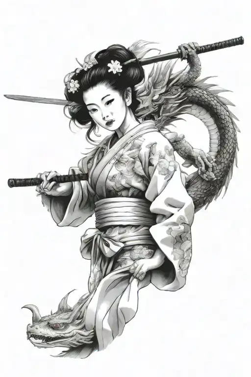 Geisha Holding A Katana Surrounded Dragon Flying