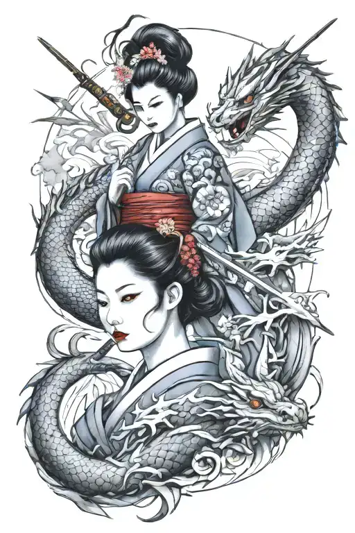 Geisha Holding A Katana Surrounded Dragon Surrounded