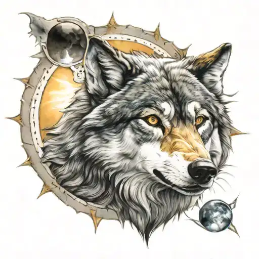 Realistic Wolf Face With Integration Of The Sun And Moon