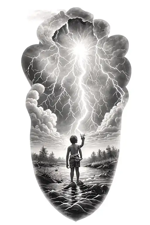 Childs And Lightining Storm And Belt And Nature
