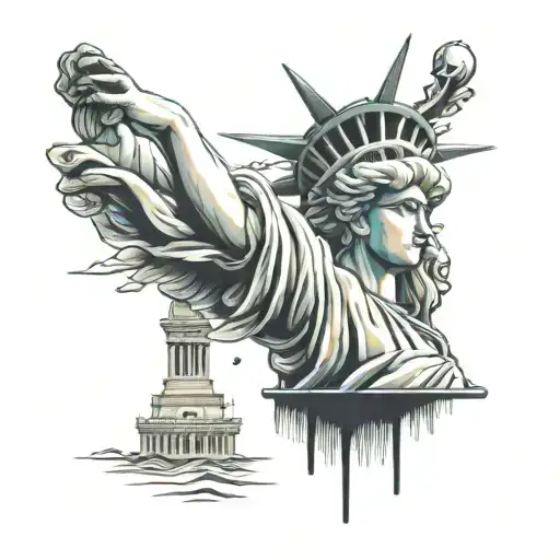 A Tattoo Design Of Liberty Statue With Modern Background