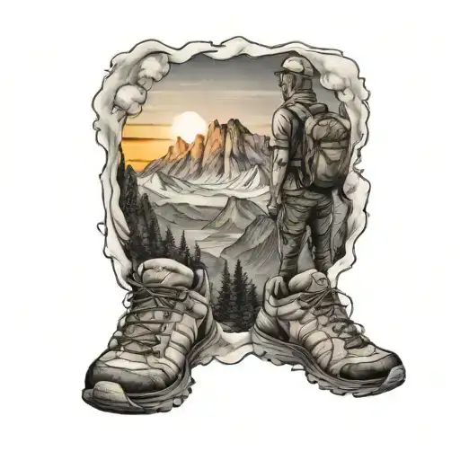 Hiker With Mountains And Sunset Background