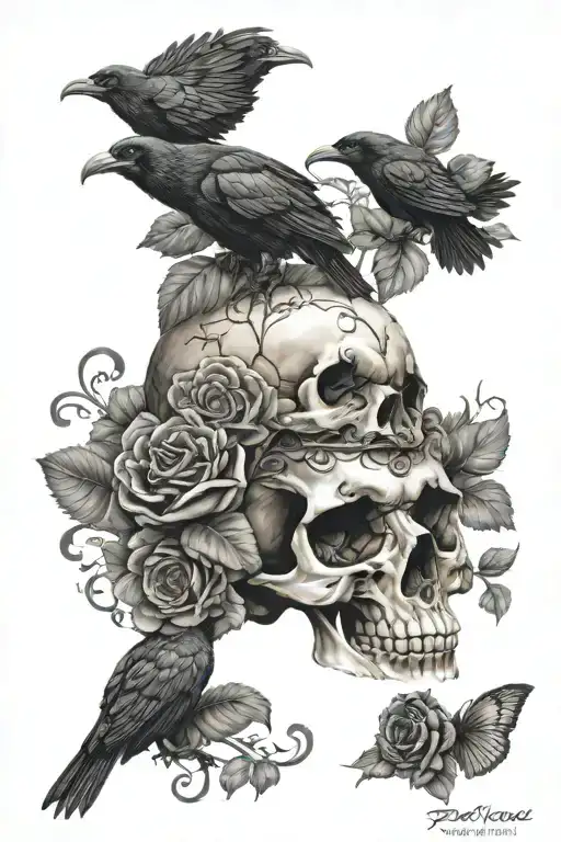 Skull With Raven And Dark Flower