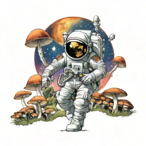 Realistic Astronaut Exploring A Field Of Psychedelic Mushrooms On An Alien Planet