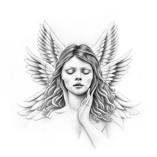 Angel On Clouds Praying And Looking Down