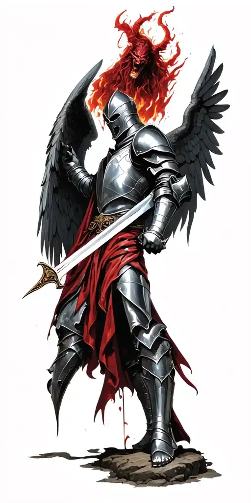 Knight In Armor With Wings Holding Sword Stabbing Satan
