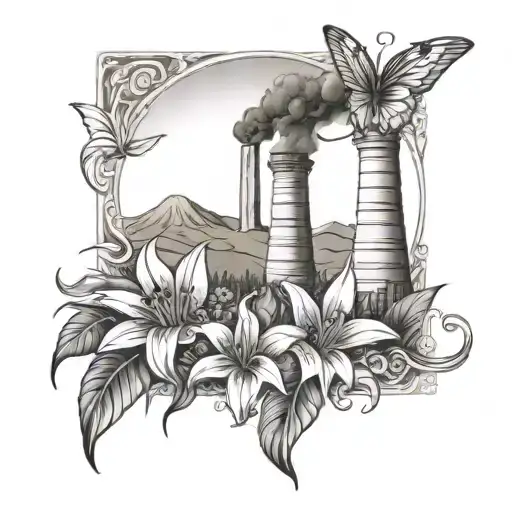 Poolbeg Chimneys And Uluru In A Decorative Feame With A Lilly And A Sunflower