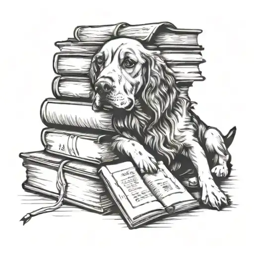 Tattoo Of A Stack Of Books With A Loyal Dog Resting Beside It