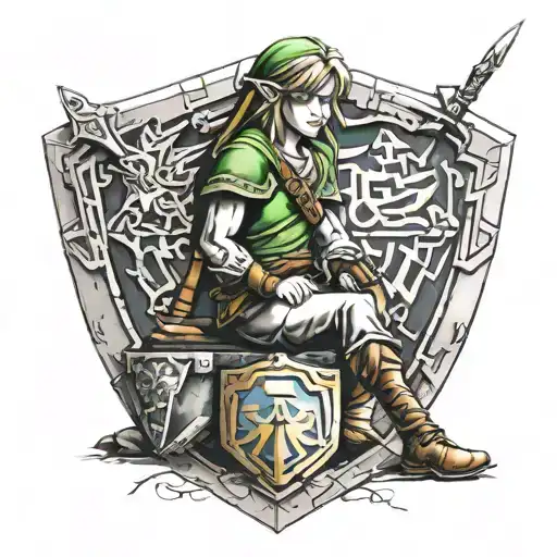 Link From Zelda Sitting Down With The Hylian Shield & Master Sword