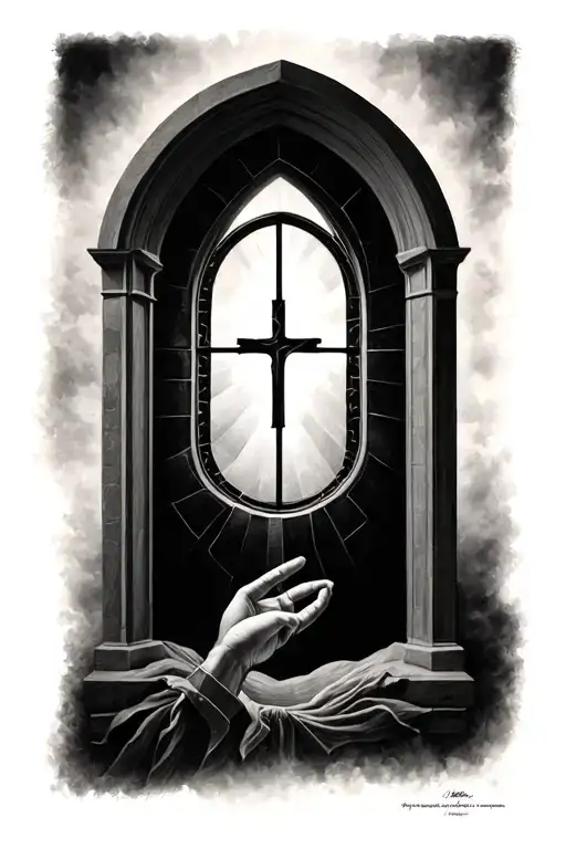 Realistic Holy Tattoo With Windowpane On Black And Gray Background