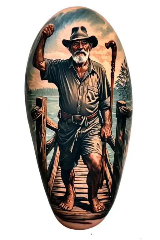 Old Worn Down Wooden Bridge With And Old Man Held Up By A Cane