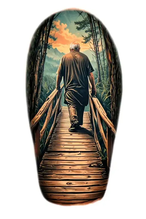 Old Worn Down Wooden Bridge With And Old Man For Away At The End Of It