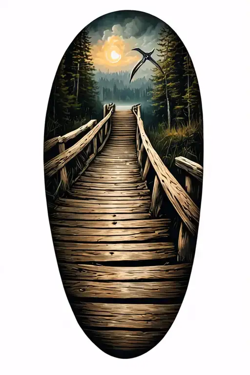 Old Worn Down Wooden Bridge With A Reaper Far Away Nearly Out Of Sight