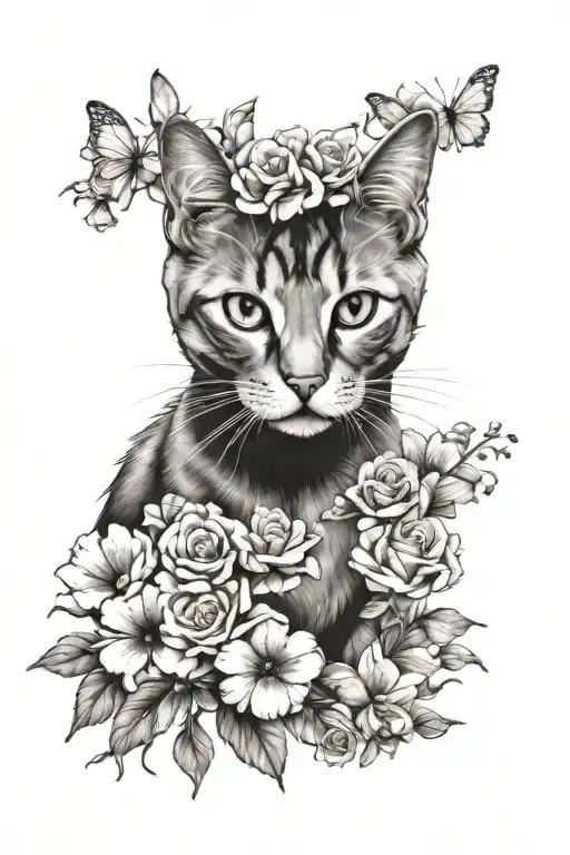 Cat Realism With Flowers That Fade From Colour To Black And White