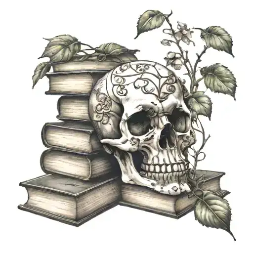Skull And Stack Of Books With Vines