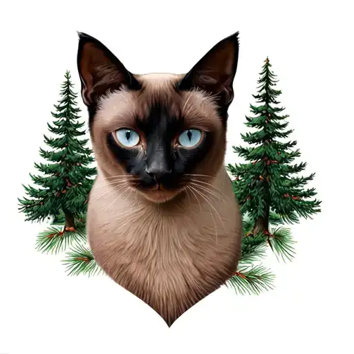 Siamese Cat With Pine Trees Background Black