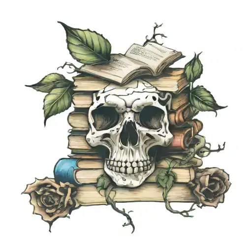 Half Skull And Half Stack Of Books With Vines