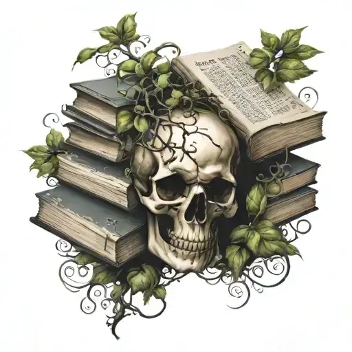 Partial Skull And Stack Of Books With Vines