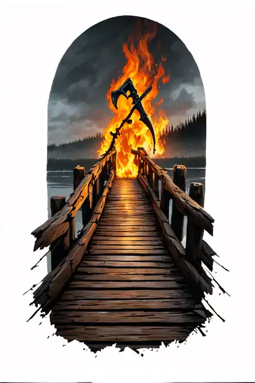 Old Worn Down Wooden Bridge With A Reaper Far Away Nearly Out Of Sight Broken Planks And Fire