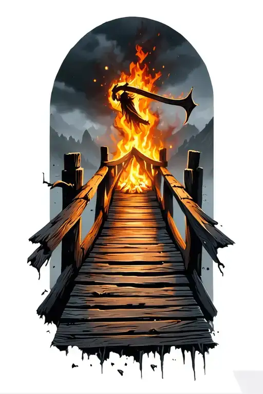 Old Worn Down Wooden Bridge With A Reaper Far Away Nearly Out Of Sight Broken Planks And Fire