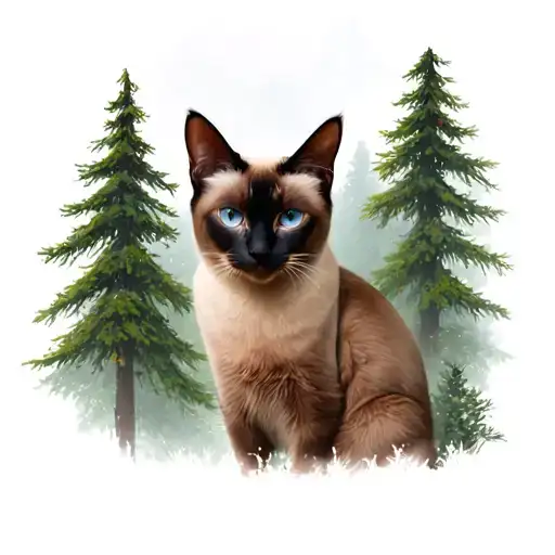 A Realistic Siamese Cat With A Background Of A Dense Pine Forest