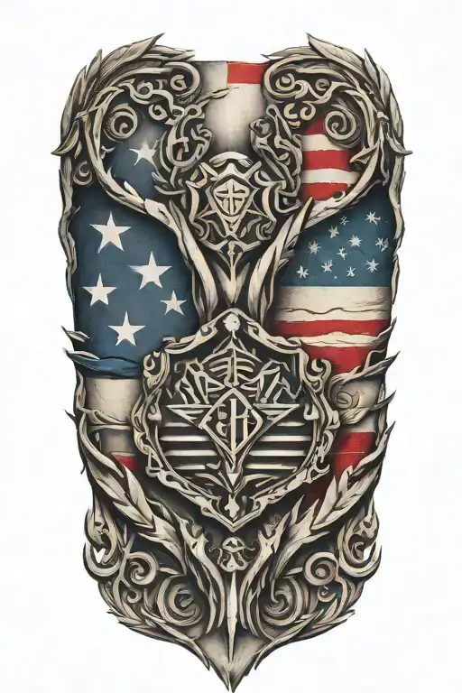 An Intricate Tattoo Design Featuring A Blend Of The Igy6 Symbol And Us Flag