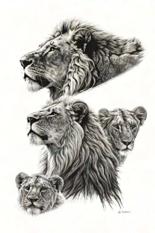 Realistic Lions Head Facing Forward With A Male And A Female Cub