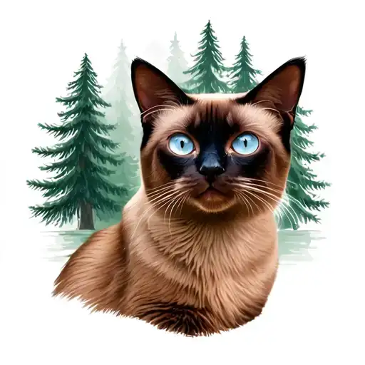 Draw An Image With A Siamese Cat In The Center With A Background Of Several Pine Trees