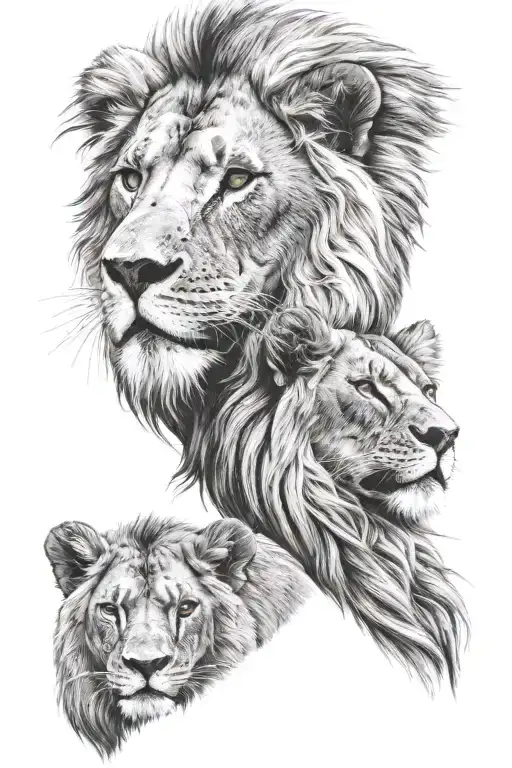 Realistic Lions Head With A Male And A Female Cub