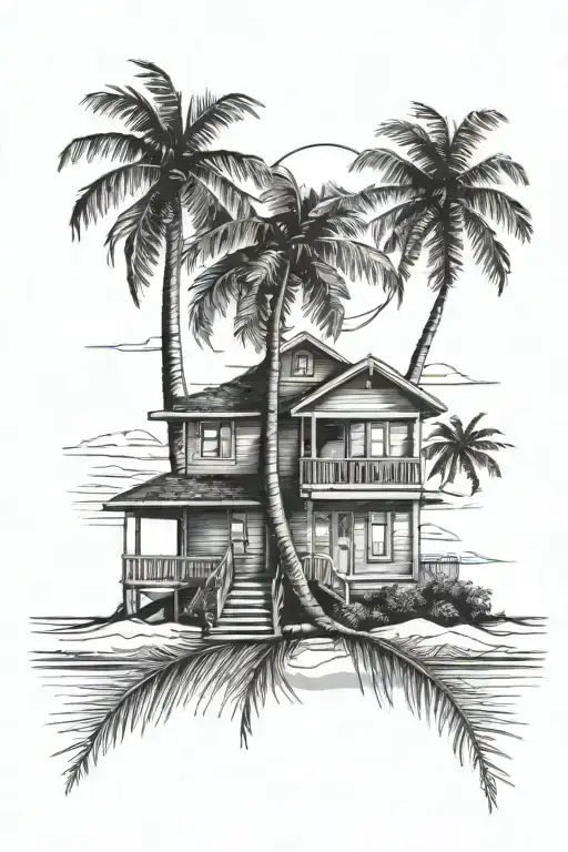 Beach House With Palm Tree And Sun In Background