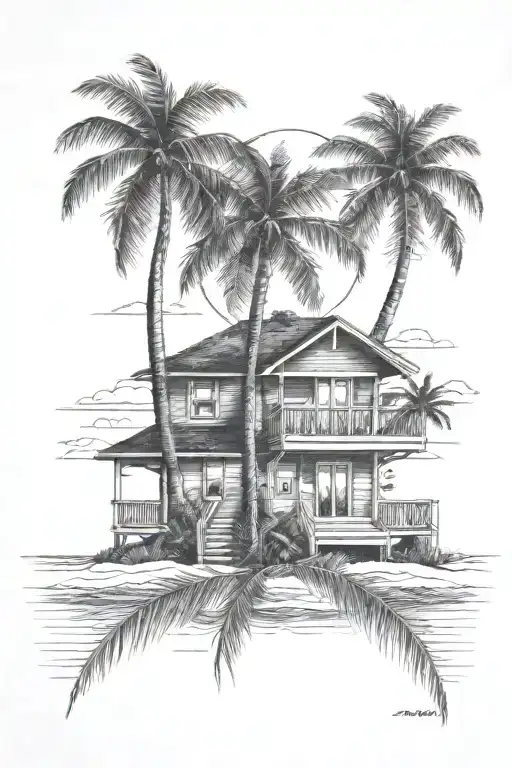 Beach House With Palm Tree And Sun In Background