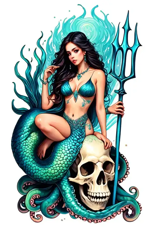 Sexy Siren Mermaid Sitting On An Octopus Skull Hybrid Holding A Trident