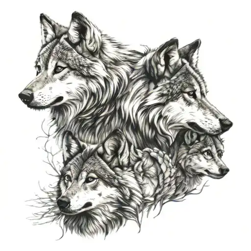 Wolf With A Crown And Two Cubs