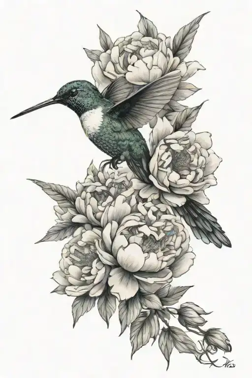 Hummingbird And Peonies Flower