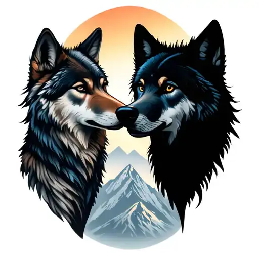 Father Daughter Silhouette In The Mountains With Wolf Face