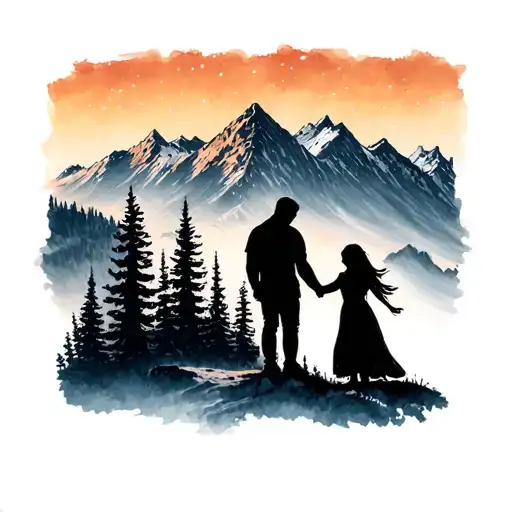 Father Daughter Silhouette In The Mountains