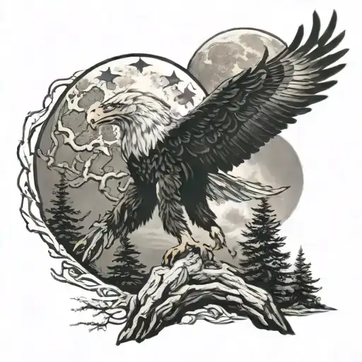 Howling Wolf At Moon With Bald Eagle Soaring Bird