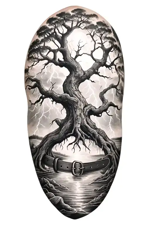 Old Tree And Lightining Storm And Belt And Nature