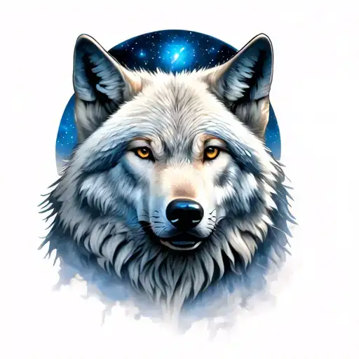 White Wolf Full Sleeve Tattoo Under A Super Nova And Stars