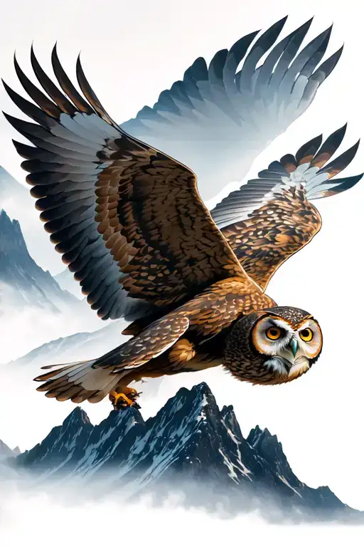 Mountain With Mist And An Owl Flying