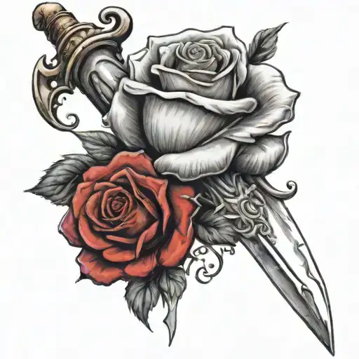 An Upright Dagger Or Dagger Surrounded By A Rose And A Red Scarf