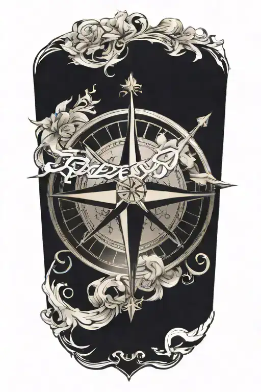 A Traditional Style Tattoo Of A Compass Rose Text 'Preeya'