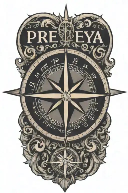 A Traditional Style Tattoo Of A Compass Rose Text 'Preeya'